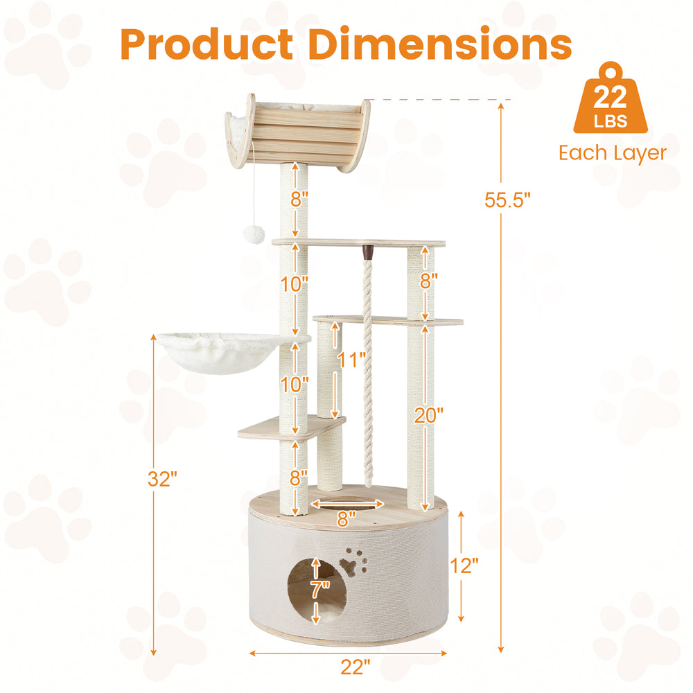 55.5 Inches Tall Wooden Cat Tree with Washable Plush Cushions for Indoor Cats - view 5