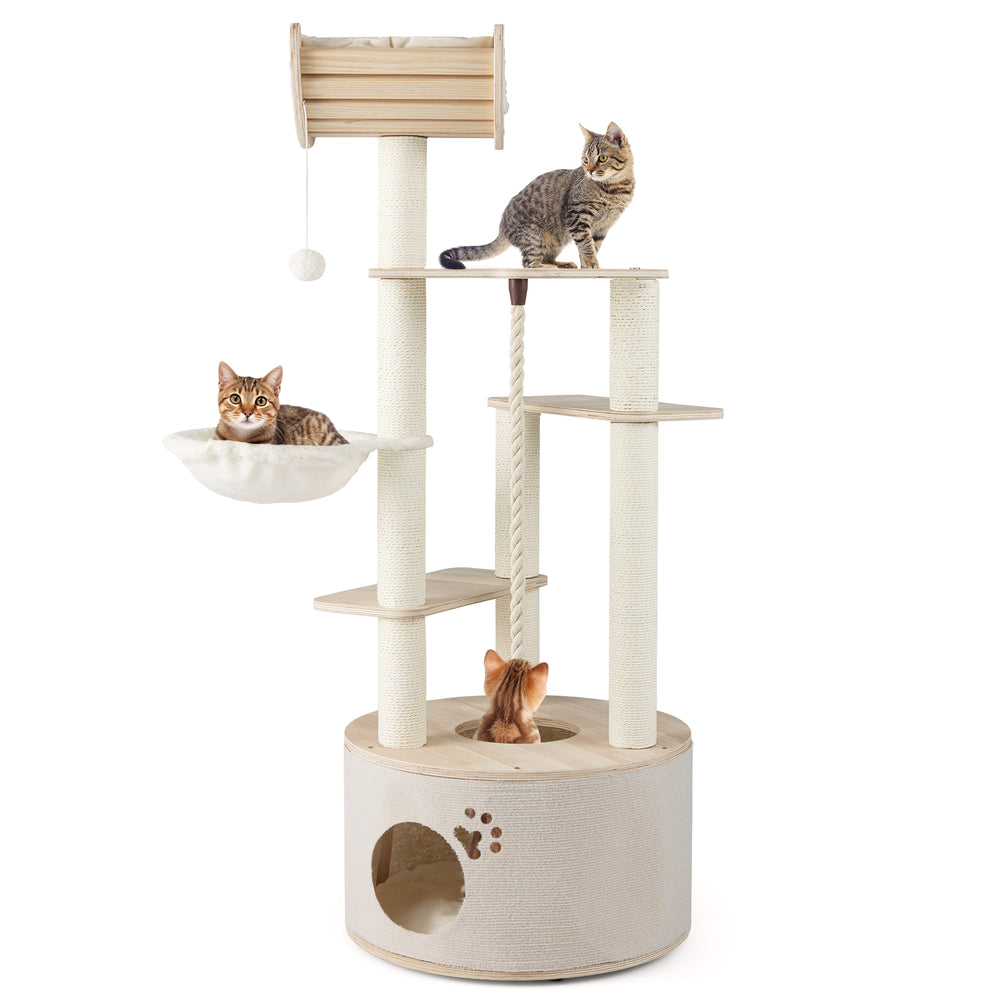 55.5 Inches Tall Wooden Cat Tree with Washable Plush Cushions for Indoor Cats - view 4