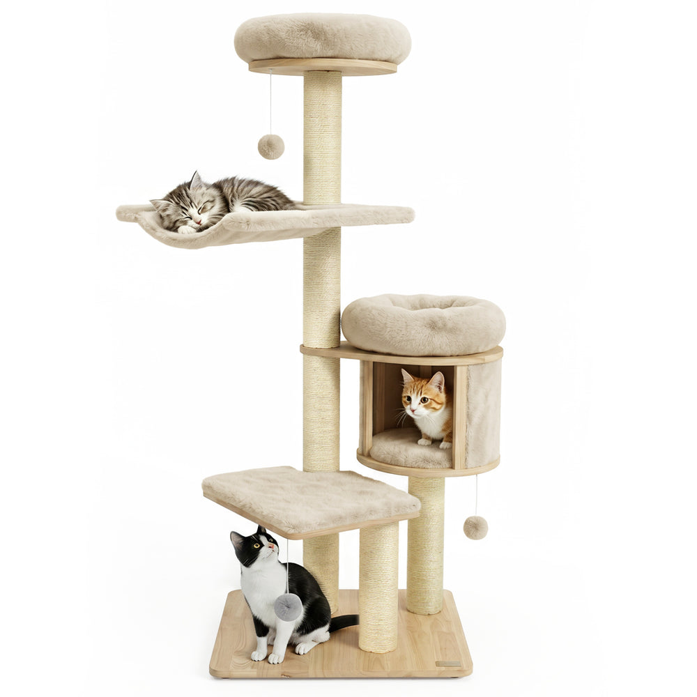 55" Solid Rubber Wood Cat Tree with Condo & Hammock and Scratching Posts