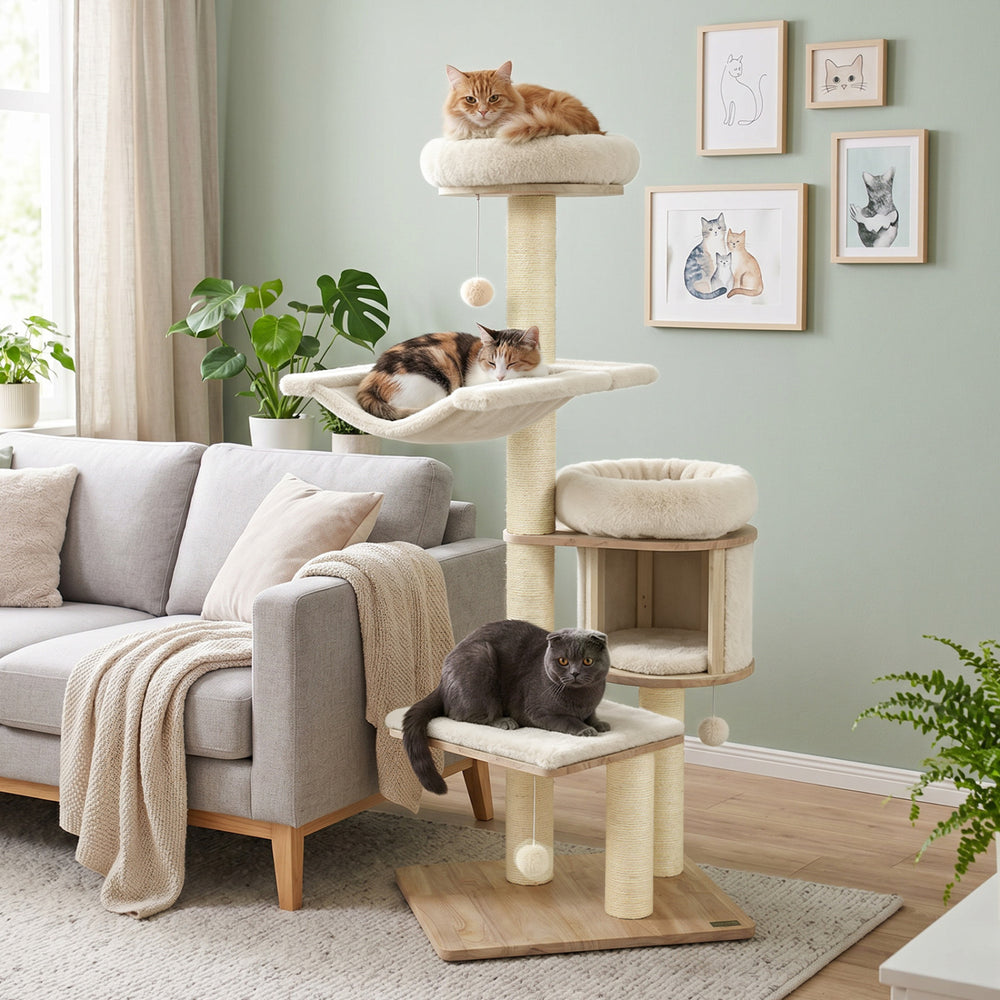 55" Solid Rubber Wood Cat Tree with Condo & Hammock and Scratching Posts - view 3