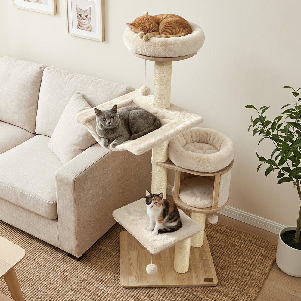 55" Solid Rubber Wood Cat Tree with Condo & Hammock and Scratching Posts - view 6