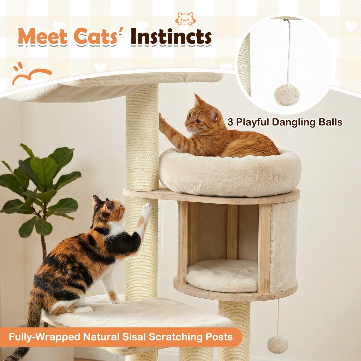 55" Solid Rubber Wood Cat Tree with Condo & Hammock and Scratching Posts - view 8