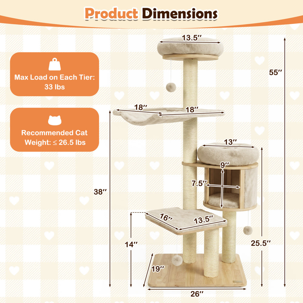 55" Solid Rubber Wood Cat Tree with Condo & Hammock and Scratching Posts - view 5