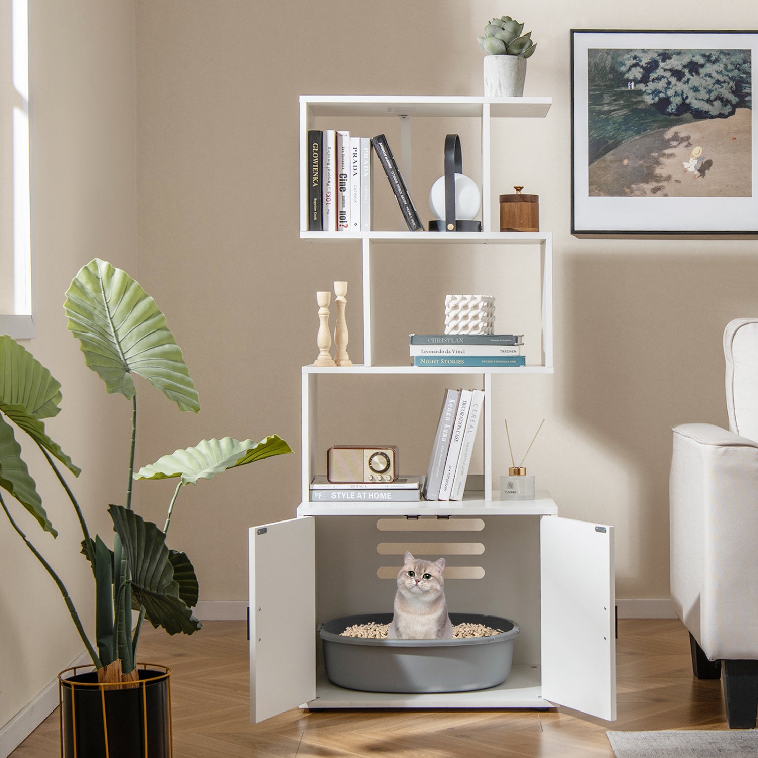 56 Inch Tall Cat Litter Box Enclosure with Storage Cat House - view 2