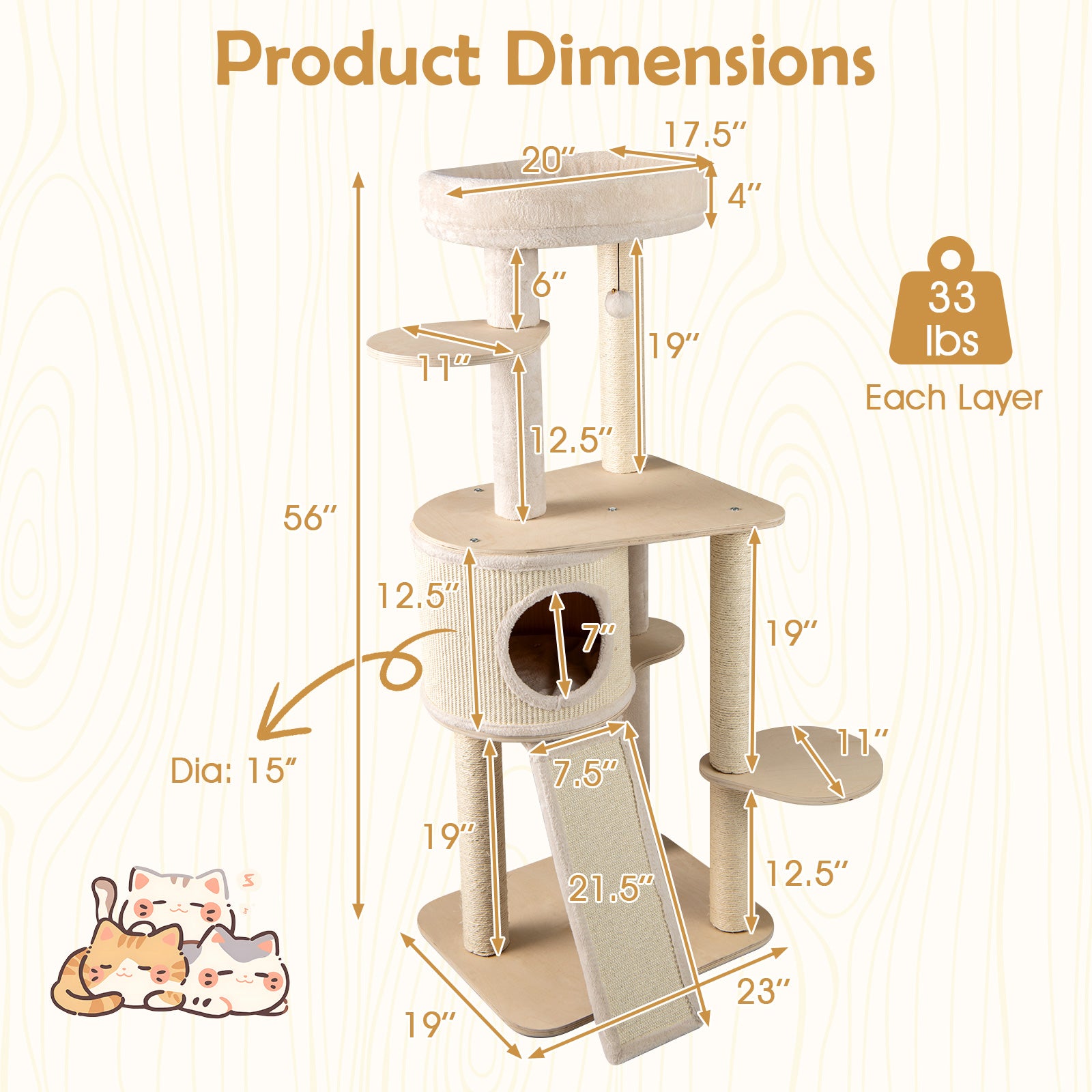 56 Inch Tall Cat Tree with 2 Sisal Scratching Posts and Ladder - view 5