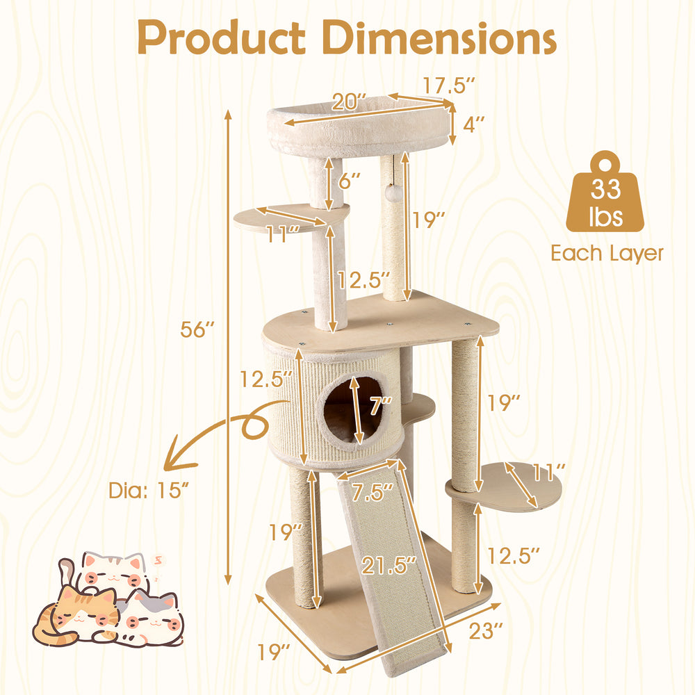 56 Inch Tall Cat Tree with 2 Sisal Scratching Posts and Ladder - view 5