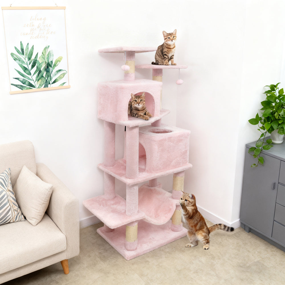 57 Inch Cat Tree with Dual Condos and Hammock and 2 Dangling Balls - view 3