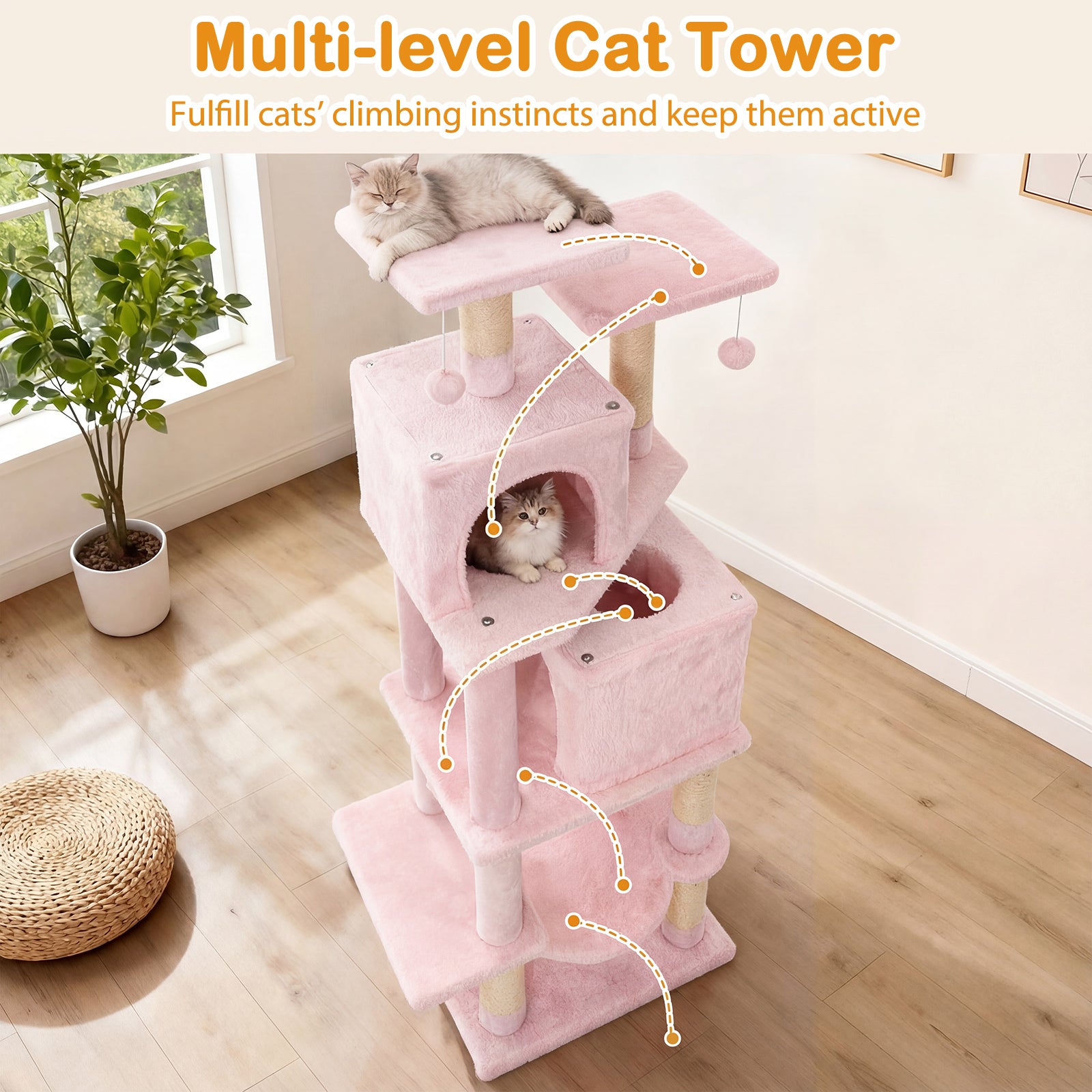 57 Inch Cat Tree with Dual Condos and Hammock and 2 Dangling Balls - view 6