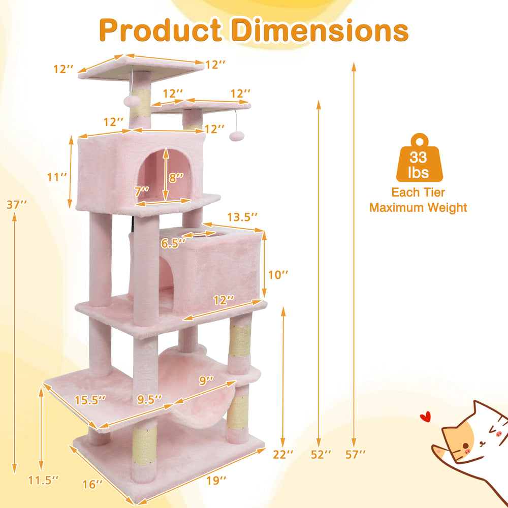 57 Inch Cat Tree with Dual Condos and Hammock and 2 Dangling Balls - view 5
