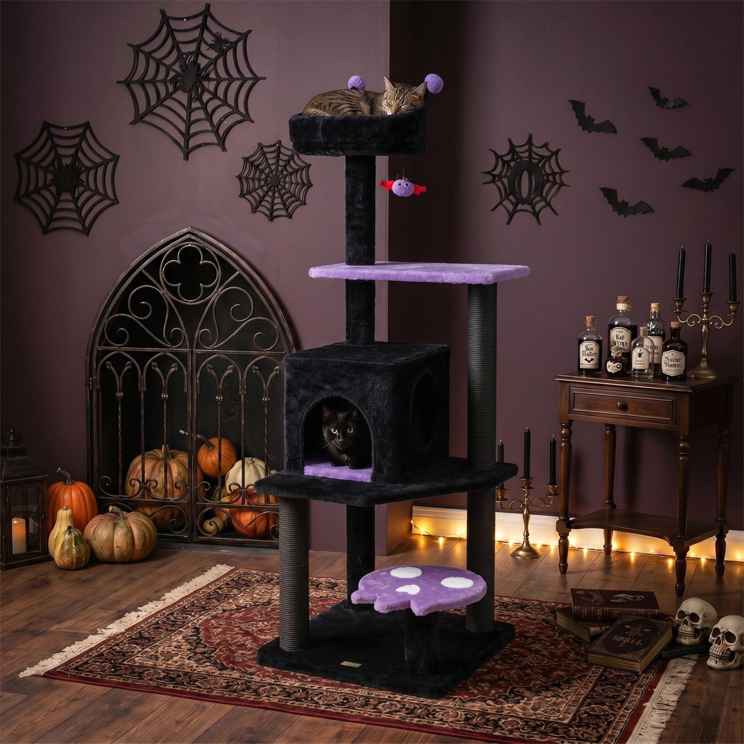 57" Spooky Cat Tower with Padded Perch and Spider-shaped Hanging Toy Cat Tree - view 2
