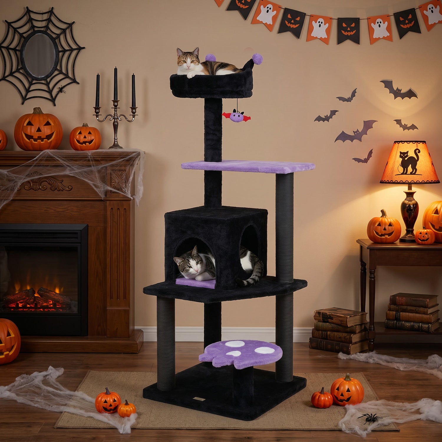 57" Spooky Cat Tower with Padded Perch and Spider-shaped Hanging Toy Cat Tree - view 3