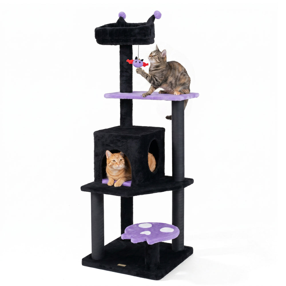 57" Spooky Cat Tower with Padded Perch and Spider-shaped Hanging Toy Cat Tree
