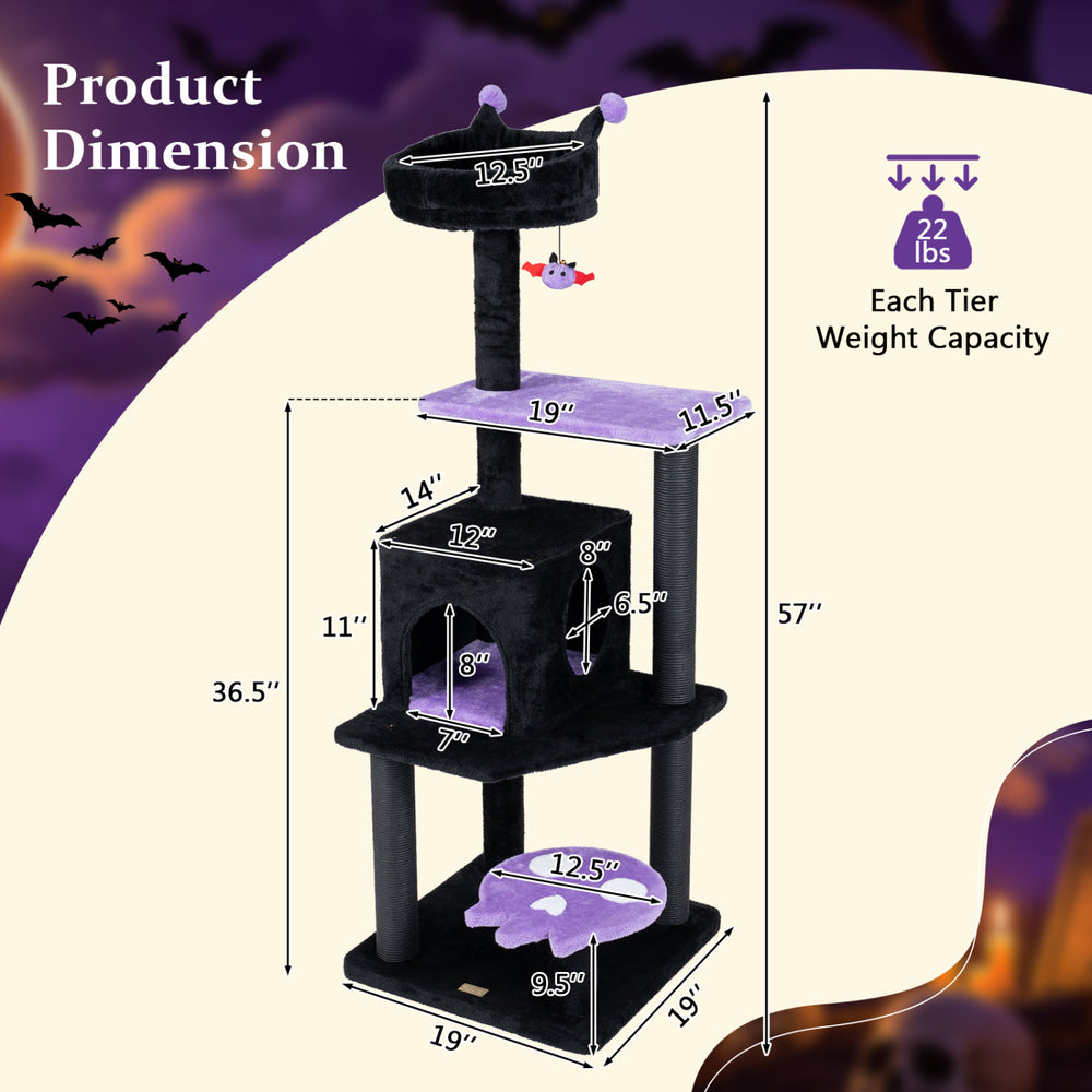 57" Spooky Cat Tower with Padded Perch and Spider-shaped Hanging Toy Cat Tree - view 5