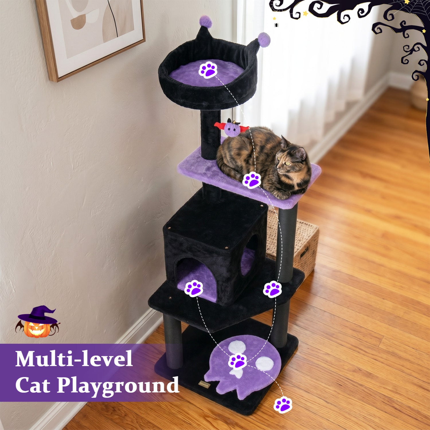 57" Spooky Cat Tower with Padded Perch and Spider-shaped Hanging Toy Cat Tree - view 7