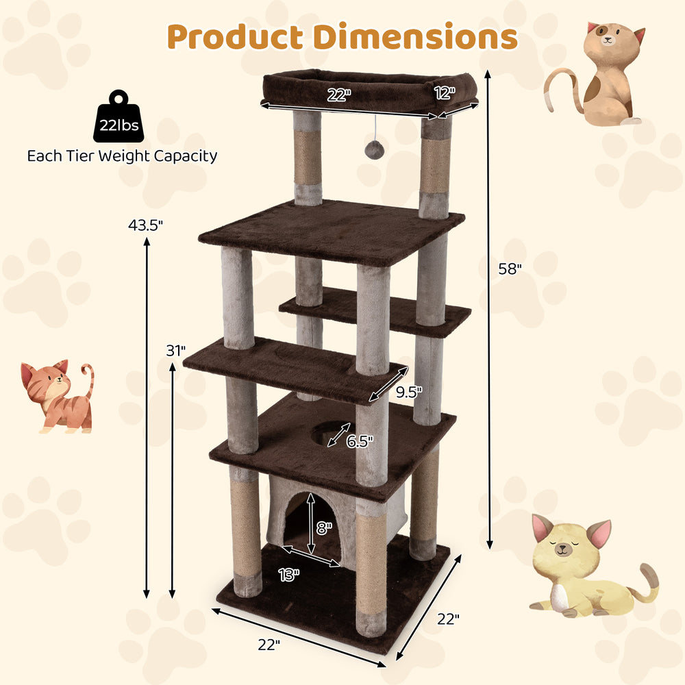 58 Inch Large Multi-level Cat Tree with Swaying Aerial Condo and Plush Perch Bed - view 5