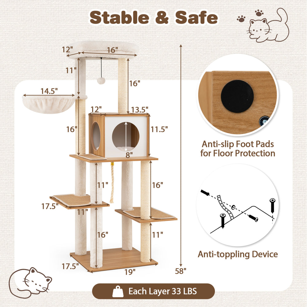 58 Inch Tall Modern Cat Tree with Sisal Scratching Posts - view 5