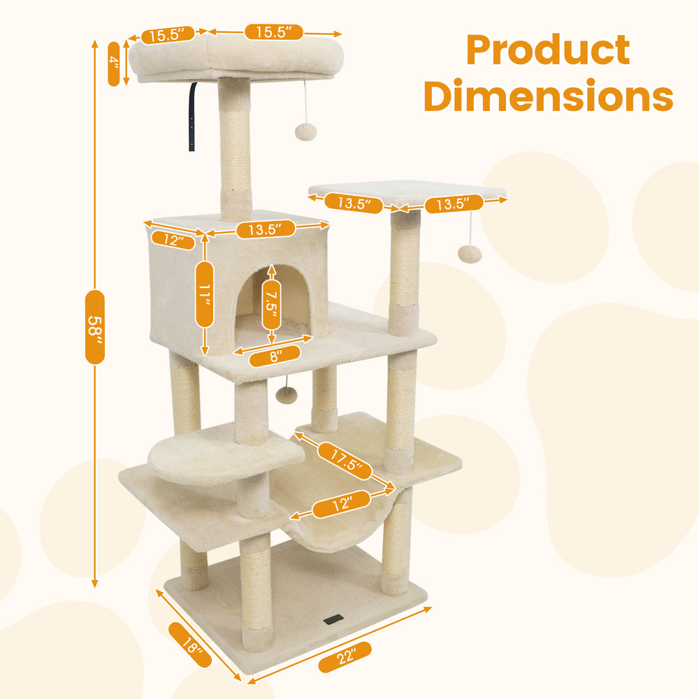 58" Multi-Level Cat Tree Soft Plush Cat Tower with Padded Top Perch - view 4