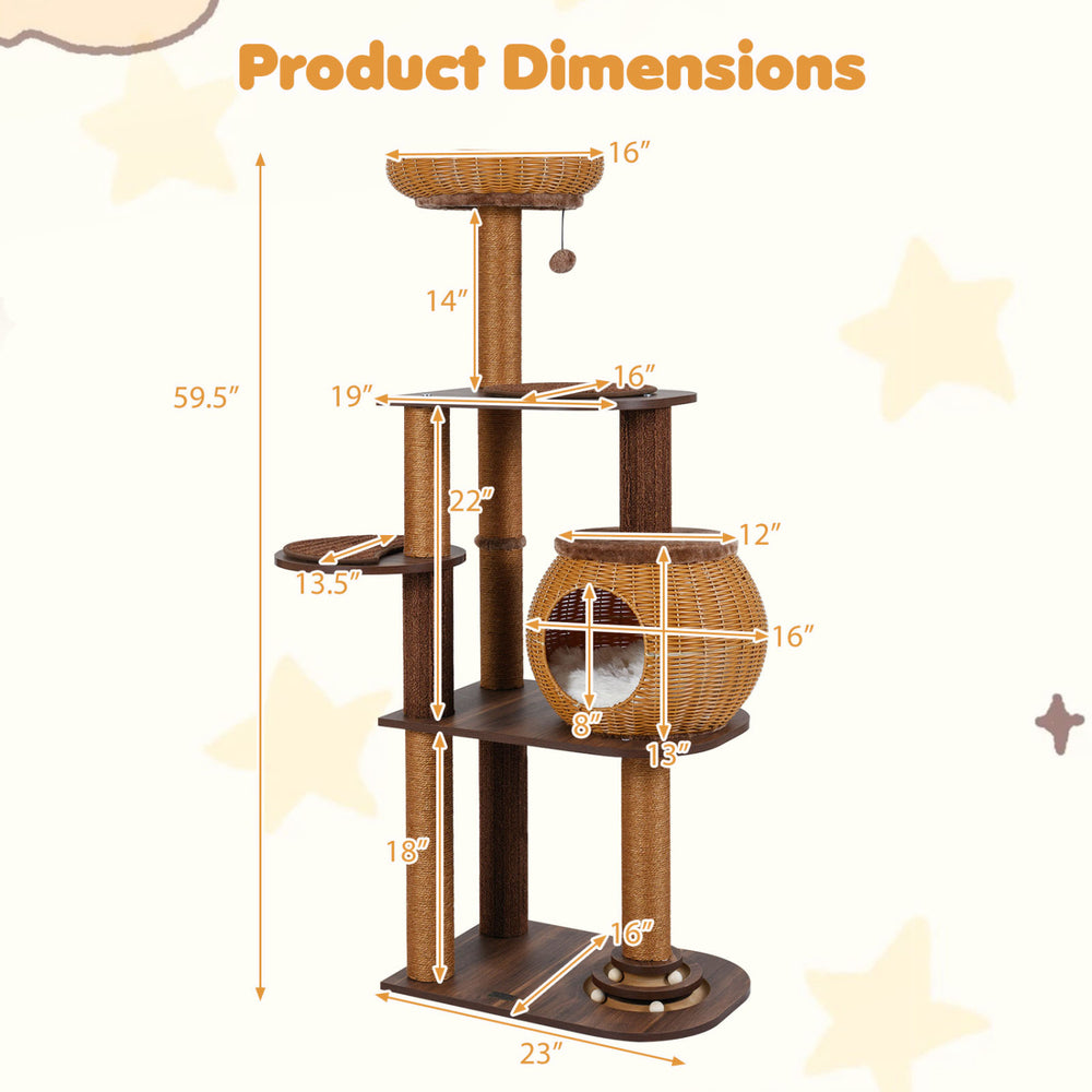 59.5 Inch Cat Tree Multi-Level Cat Tower with PE Rattan Cat Condo and Top Perch - view 5