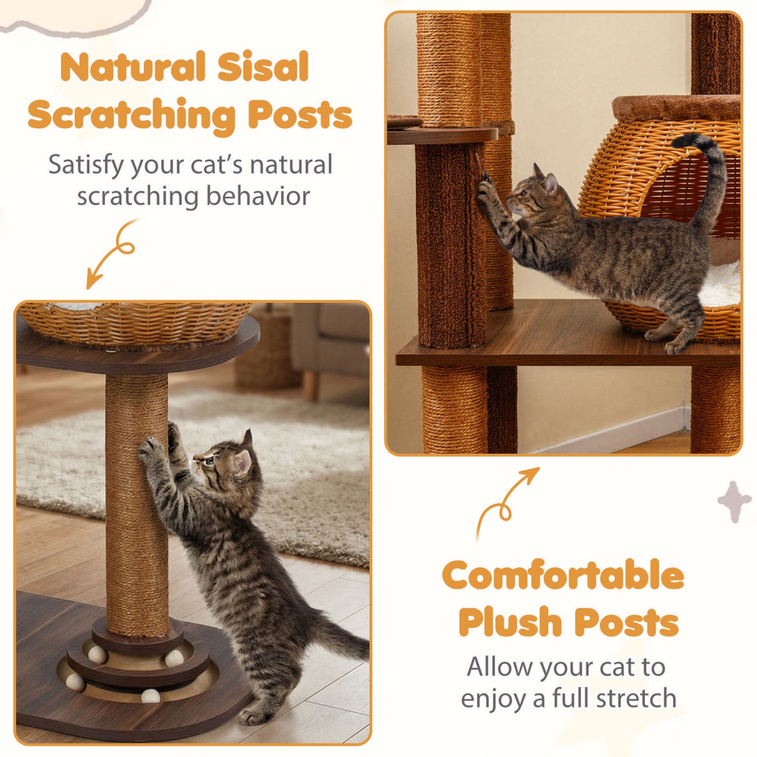 59.5 Inch Cat Tree Multi-Level Cat Tower with PE Rattan Cat Condo and Top Perch - view 6