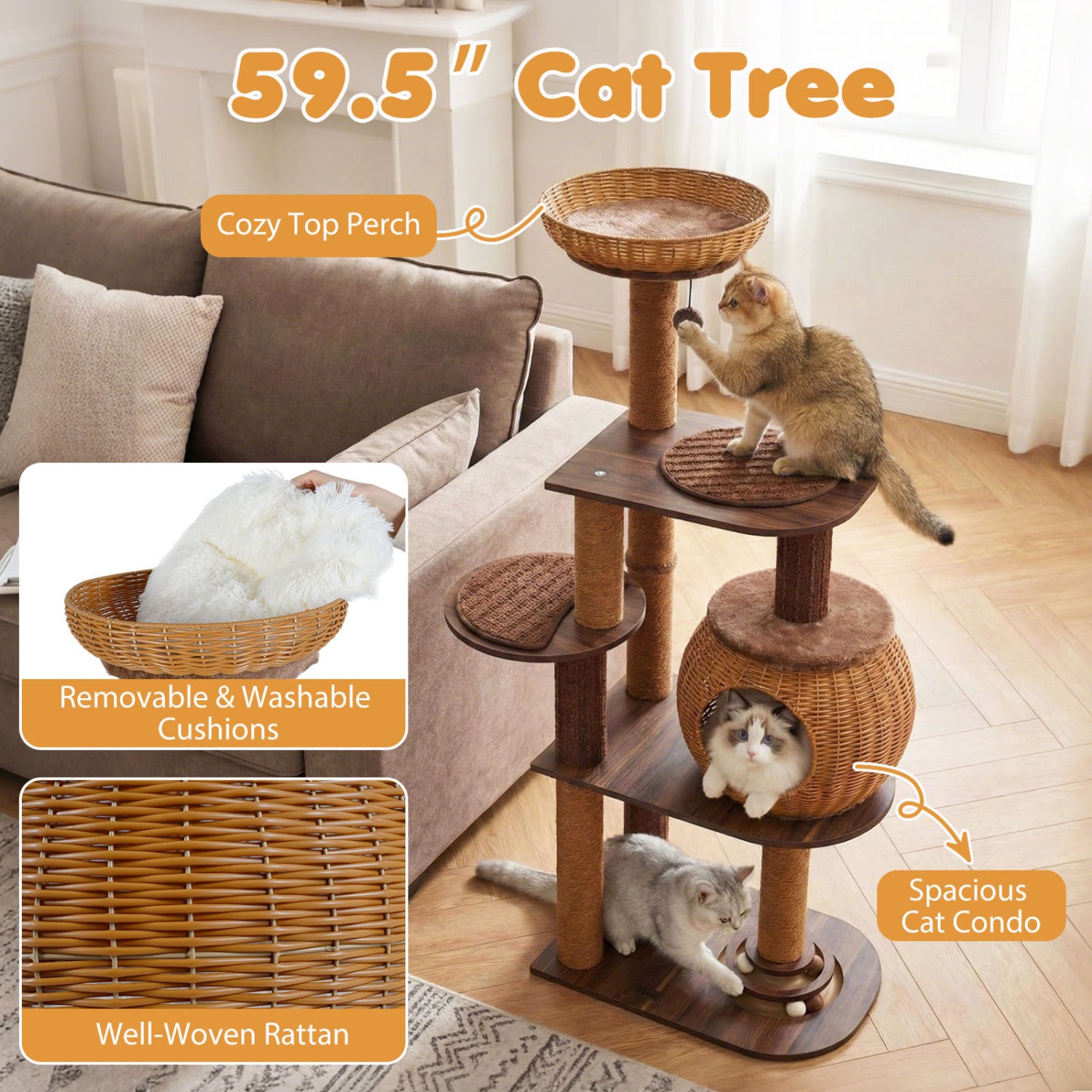 59.5 Inch Cat Tree Multi-Level Cat Tower with PE Rattan Cat Condo and Top Perch - view 7