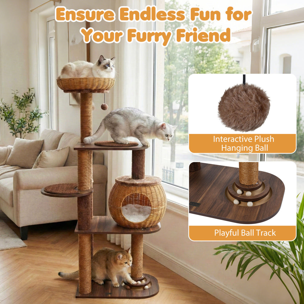 59.5 Inch Cat Tree Multi-Level Cat Tower with PE Rattan Cat Condo and Top Perch - view 8