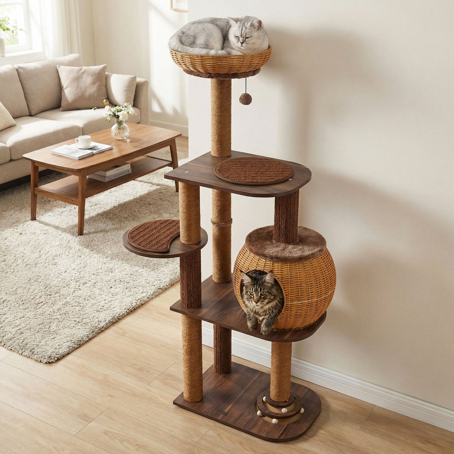 59.5 Inch Cat Tree Multi-Level Cat Tower with PE Rattan Cat Condo and Top Perch - view 2