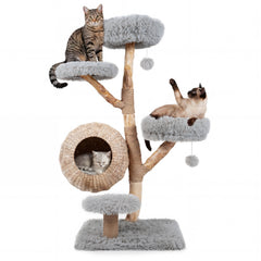 5-Tier Wooden Cat Tree with Woven Condo Plush Perches Jute Posts & Balls