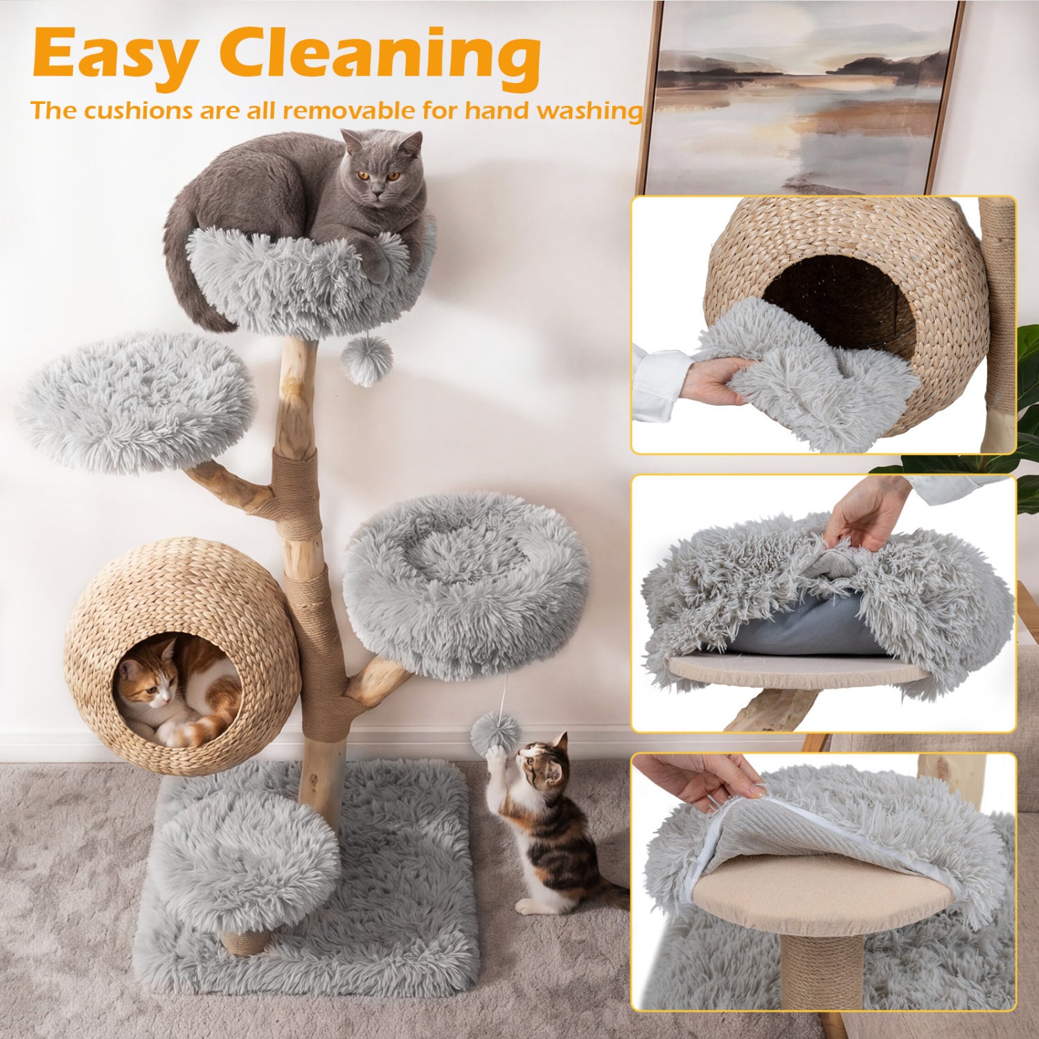 5-Tier Wooden Cat Tree with Woven Condo Plush Perches Jute Posts & Balls - view 6