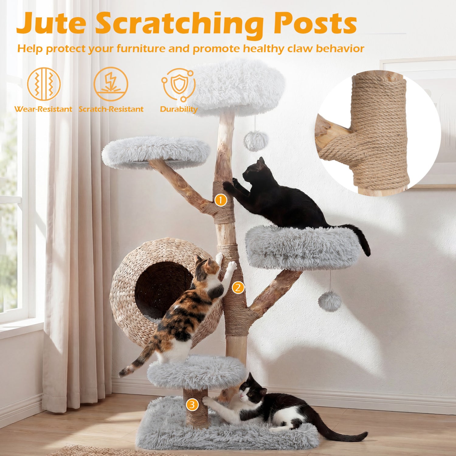 5-Tier Wooden Cat Tree with Woven Condo Plush Perches Jute Posts & Balls - view 7