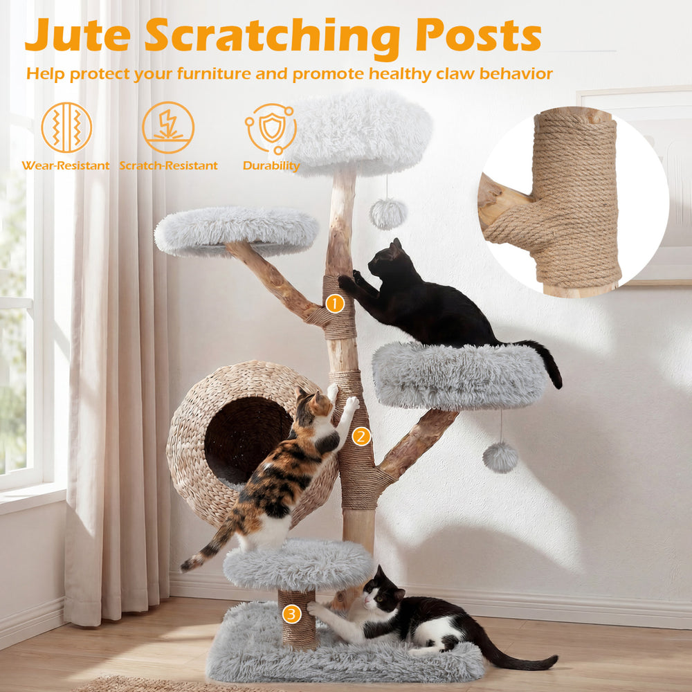5-Tier Wooden Cat Tree with Woven Condo Plush Perches Jute Posts & Balls - view 7