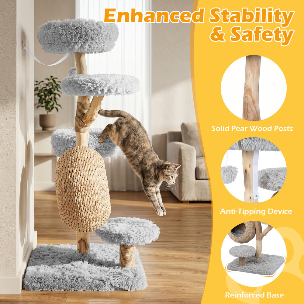 5-Tier Wooden Cat Tree with Woven Condo Plush Perches Jute Posts & Balls - view 8
