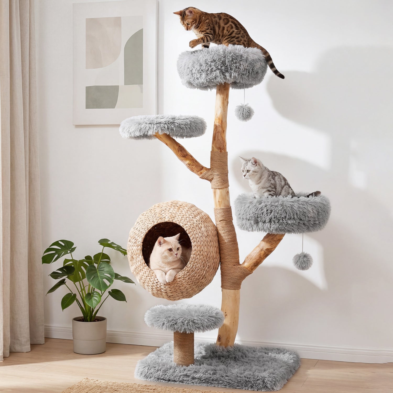 5-Tier Wooden Cat Tree with Woven Condo Plush Perches Jute Posts & Balls - view 2