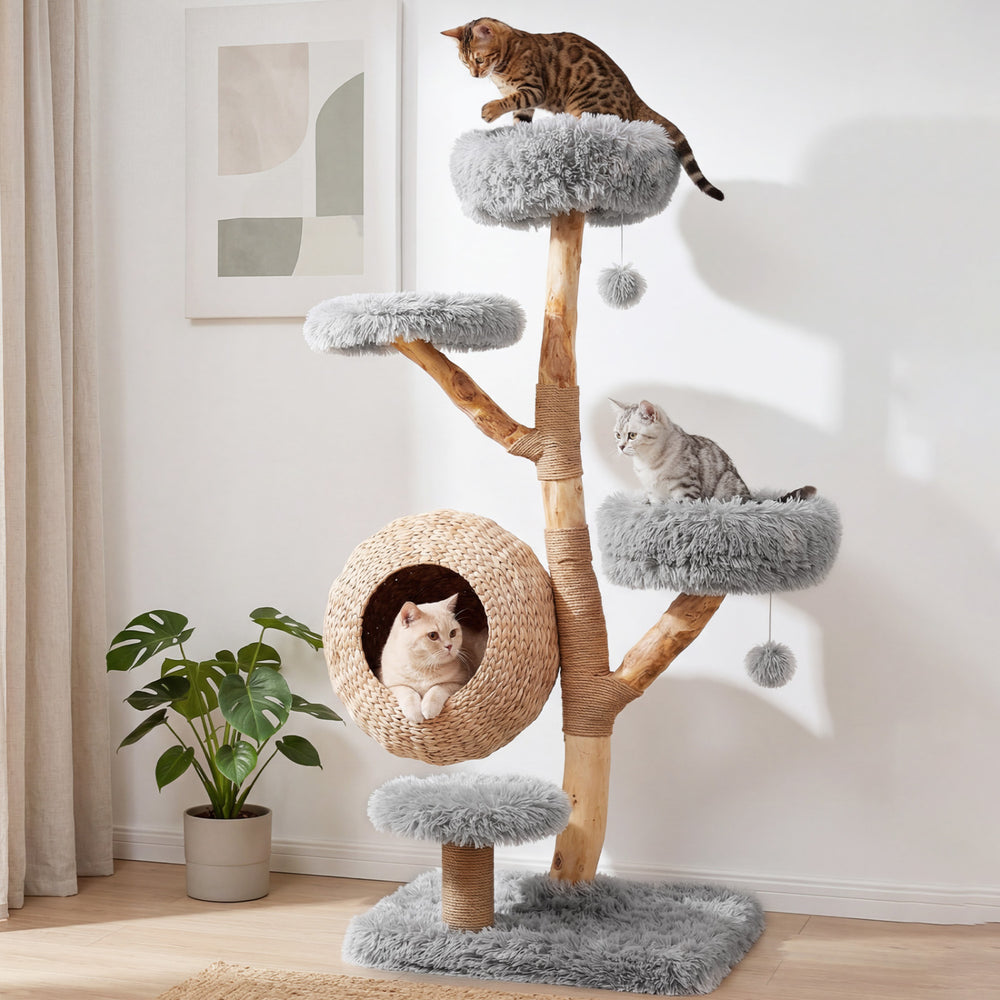 5-Tier Wooden Cat Tree with Woven Condo Plush Perches Jute Posts & Balls - view 2