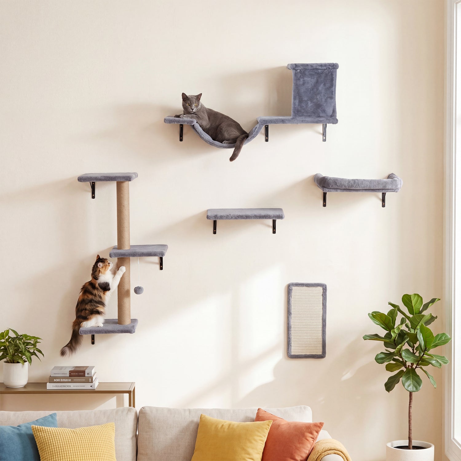 5-in-1 Cat Wall Shelves with Condo Bridge Perch Platform Scratching Post - view 2