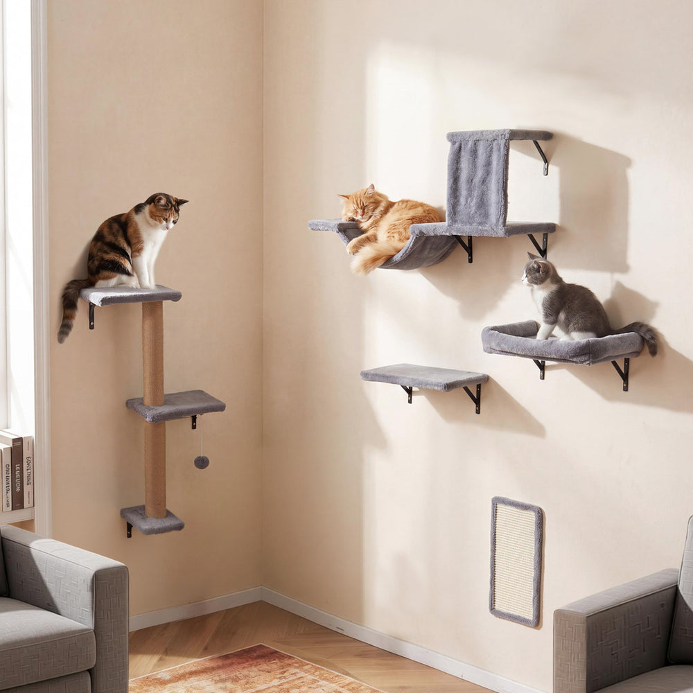 5-in-1 Cat Wall Shelves with Condo Bridge Perch Platform Scratching Post - view 3