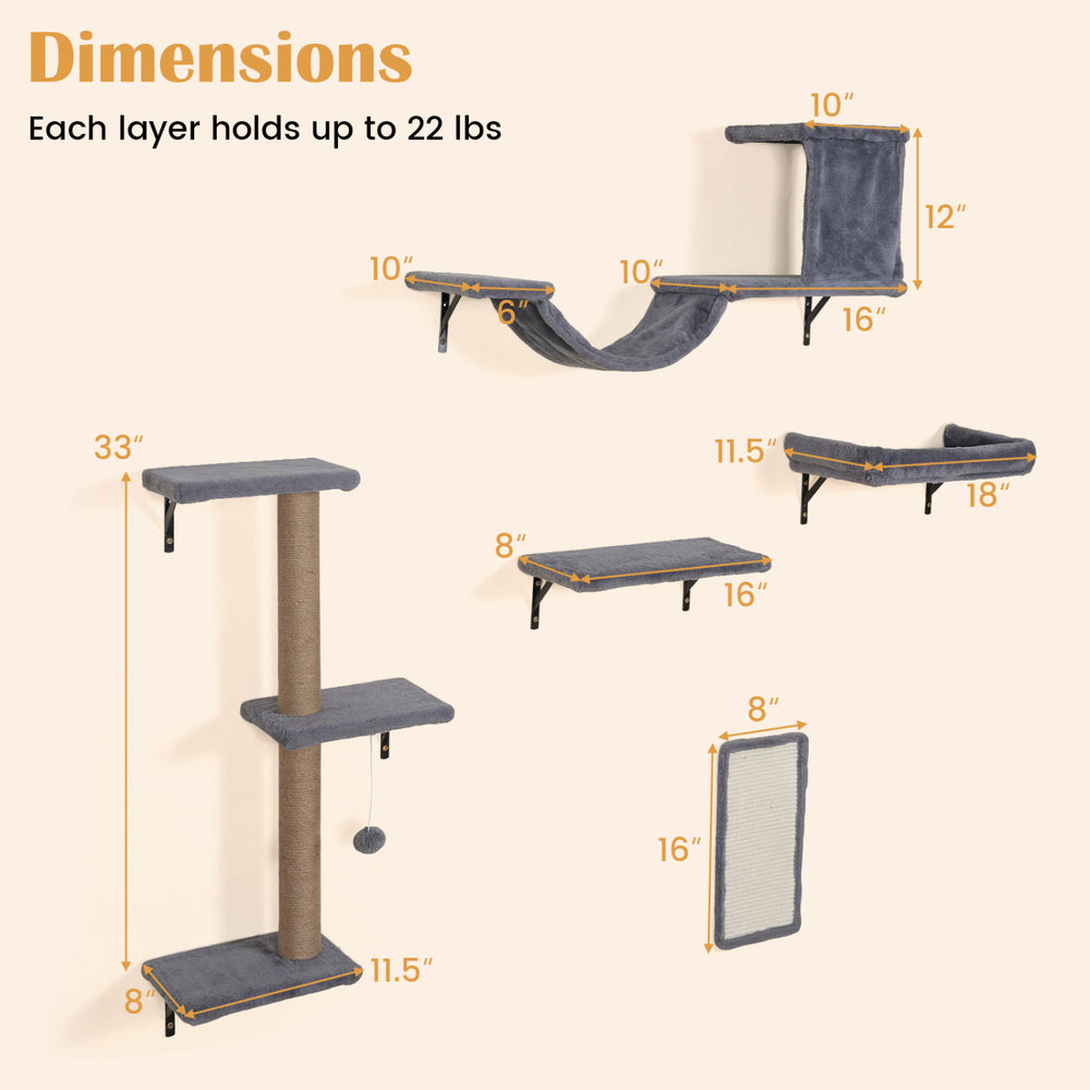 5-in-1 Cat Wall Shelves with Condo Bridge Perch Platform Scratching Post - view 4