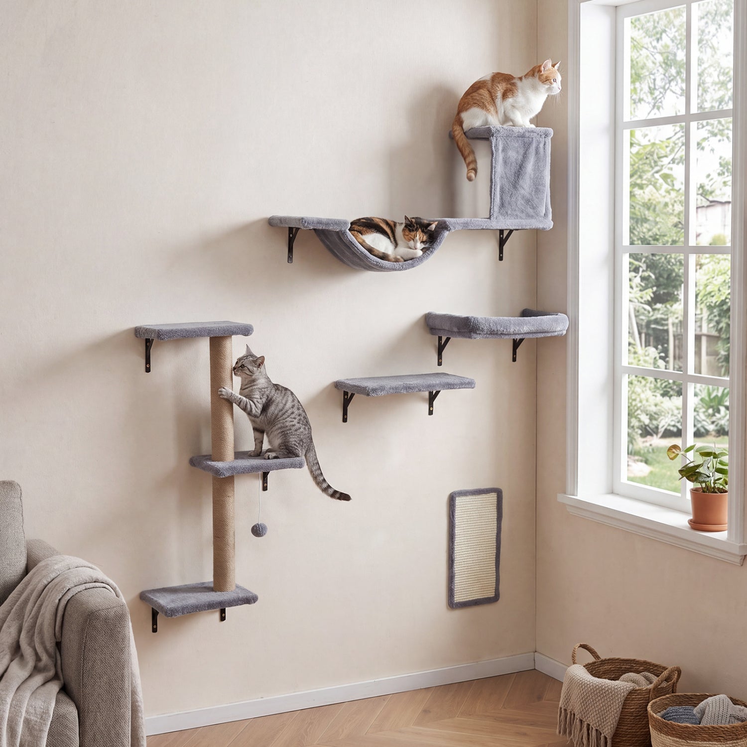 5-in-1 Cat Wall Shelves with Condo Bridge Perch Platform Scratching Post - view 5