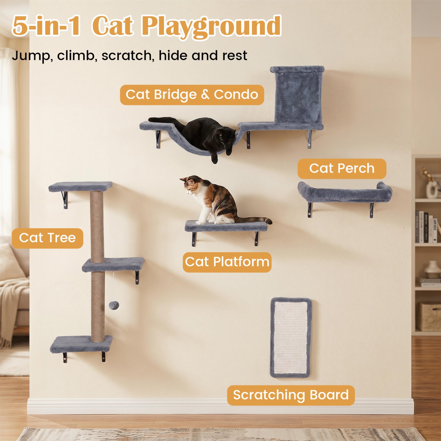 5-in-1 Cat Wall Shelves with Condo Bridge Perch Platform Scratching Post - view 6