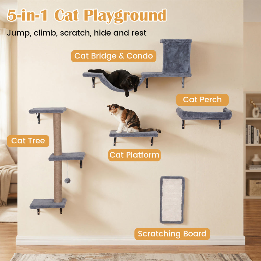 5-in-1 Cat Wall Shelves with Condo Bridge Perch Platform Scratching Post - view 6