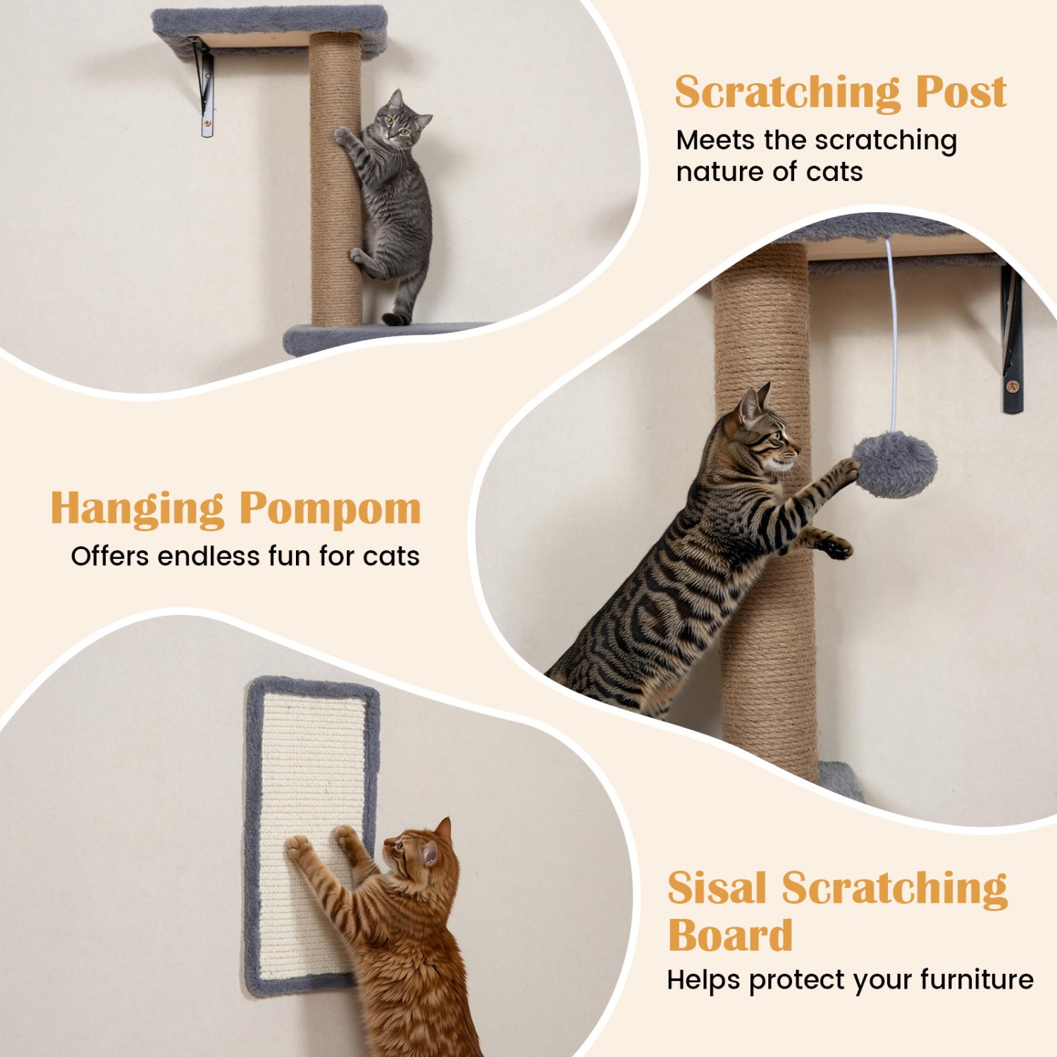 5-in-1 Cat Wall Shelves with Condo Bridge Perch Platform Scratching Post - view 7