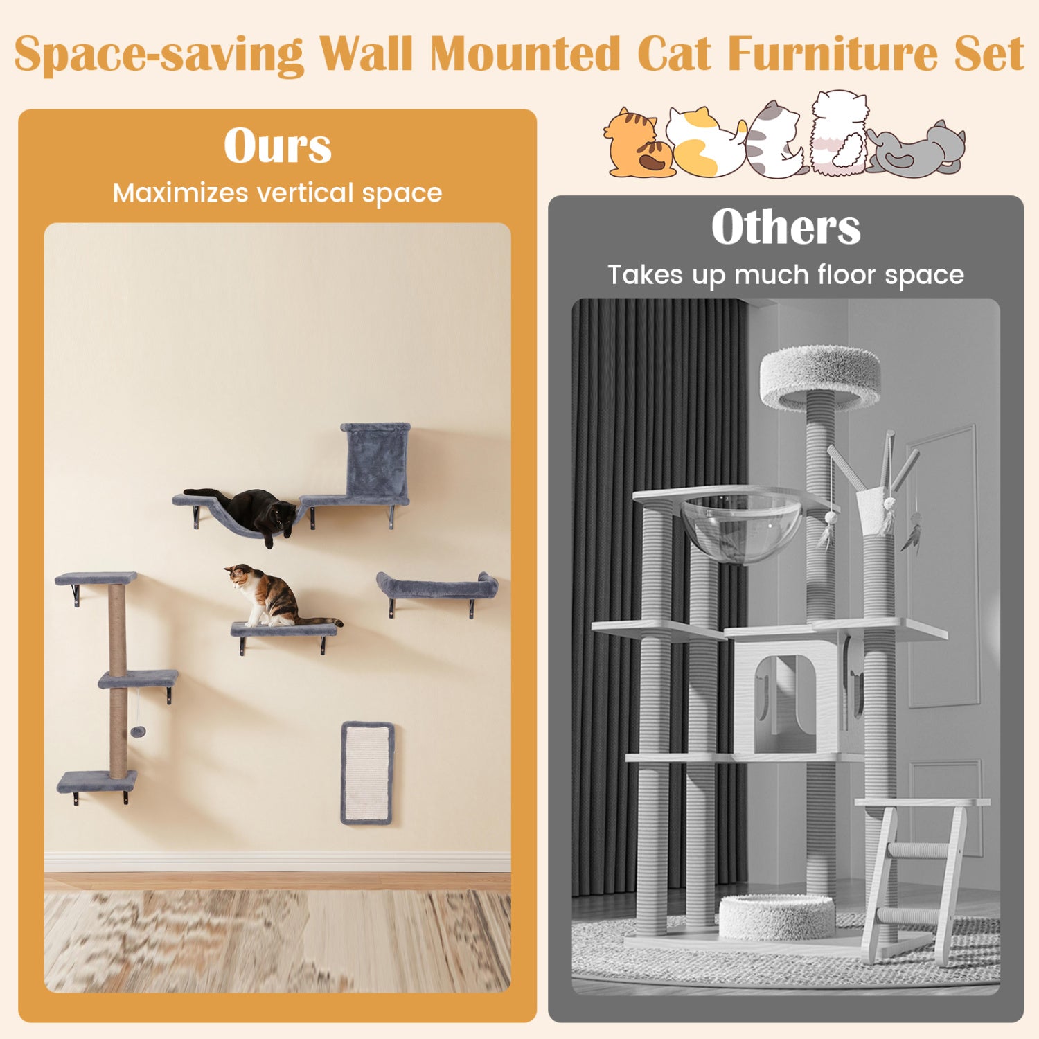 5-in-1 Cat Wall Shelves with Condo Bridge Perch Platform Scratching Post - view 8