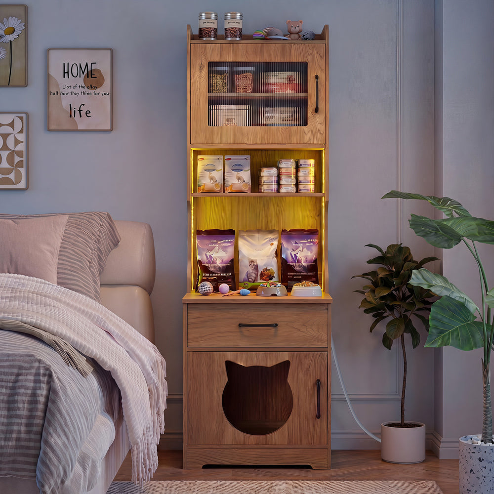 60" Cat Litter Box Enclosure with Adjustable LED Light & Storage Shelves - view 3
