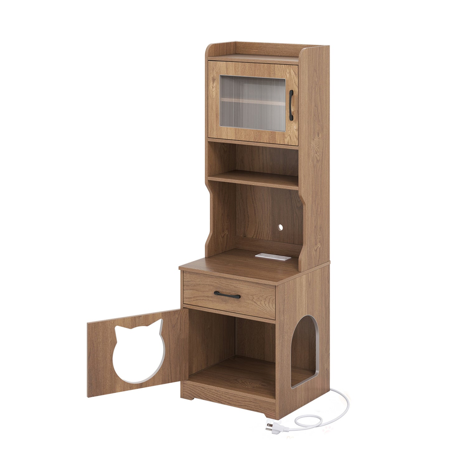 60" Cat Litter Box Enclosure with Adjustable LED Light & Storage Shelves