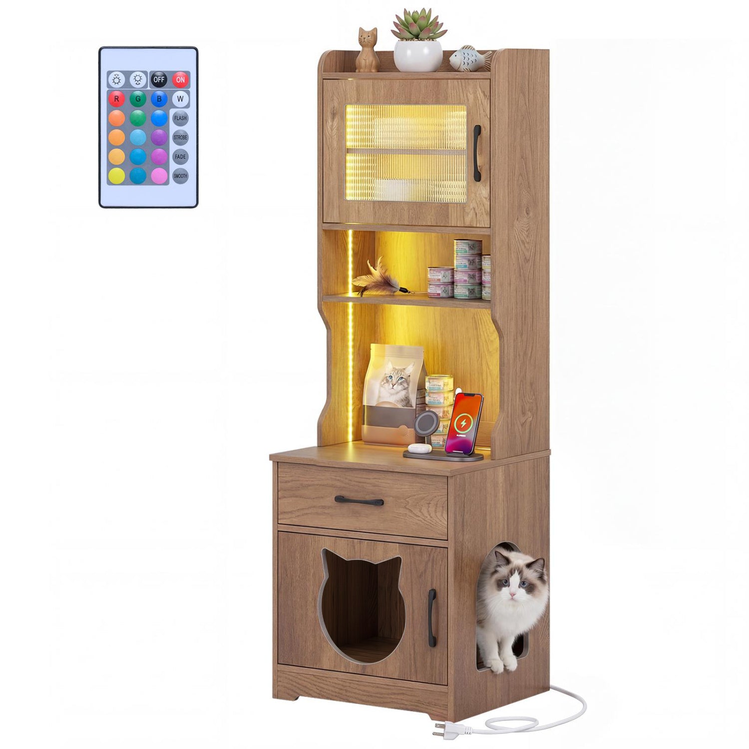60" Cat Litter Box Enclosure with Adjustable LED Light & Storage Shelves - view 4