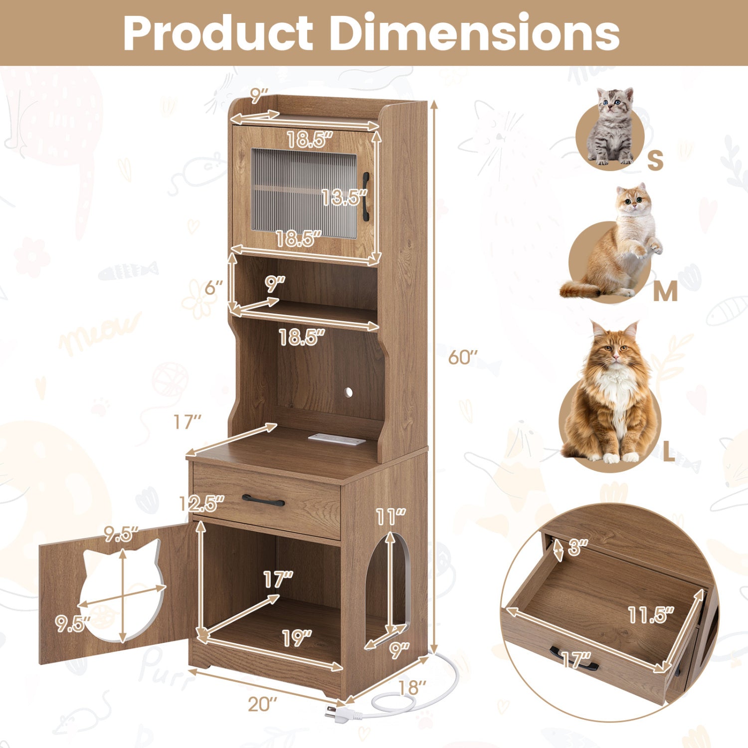 60" Cat Litter Box Enclosure with Adjustable LED Light & Storage Shelves - view 5