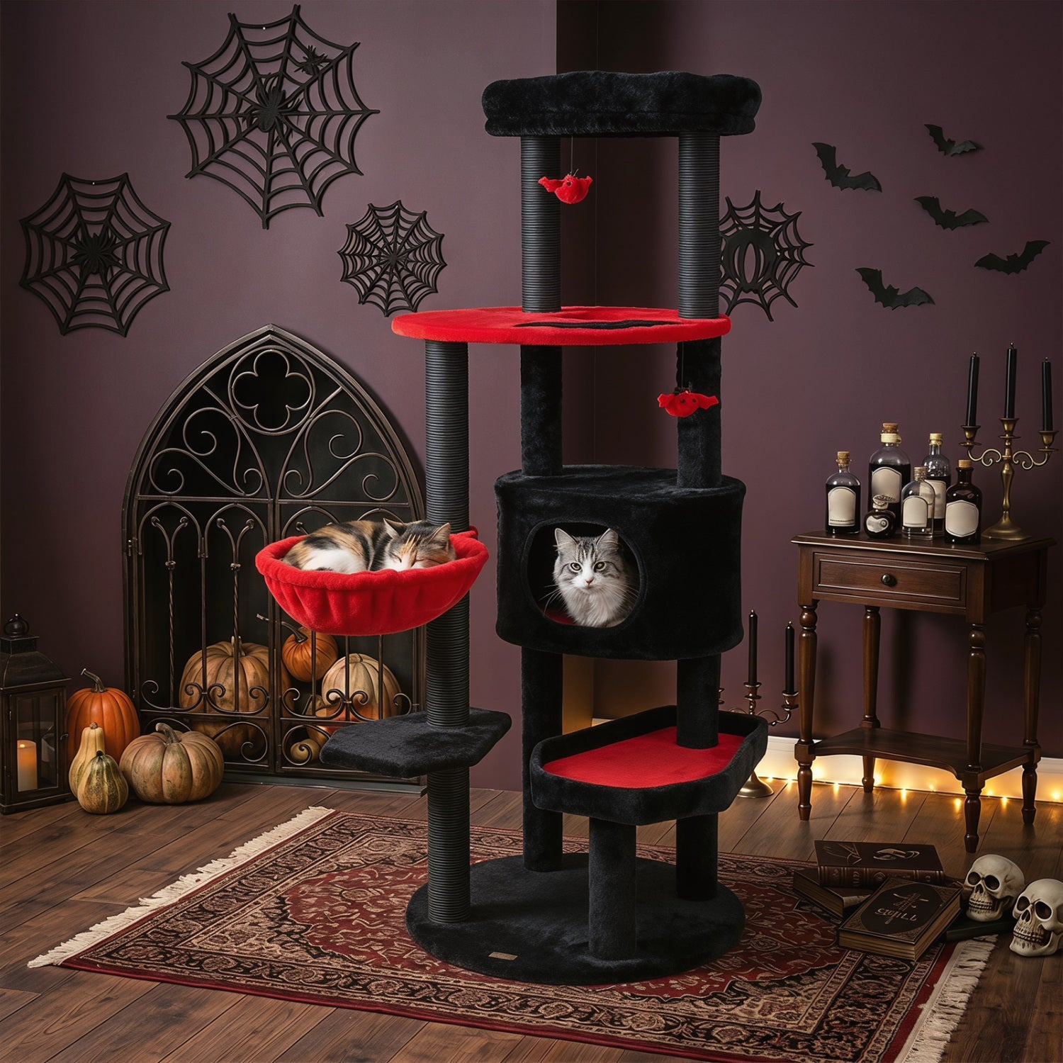 60" Gothic Cat Tower with Plush Perch and Spider Hanging Toys for Black - view 3