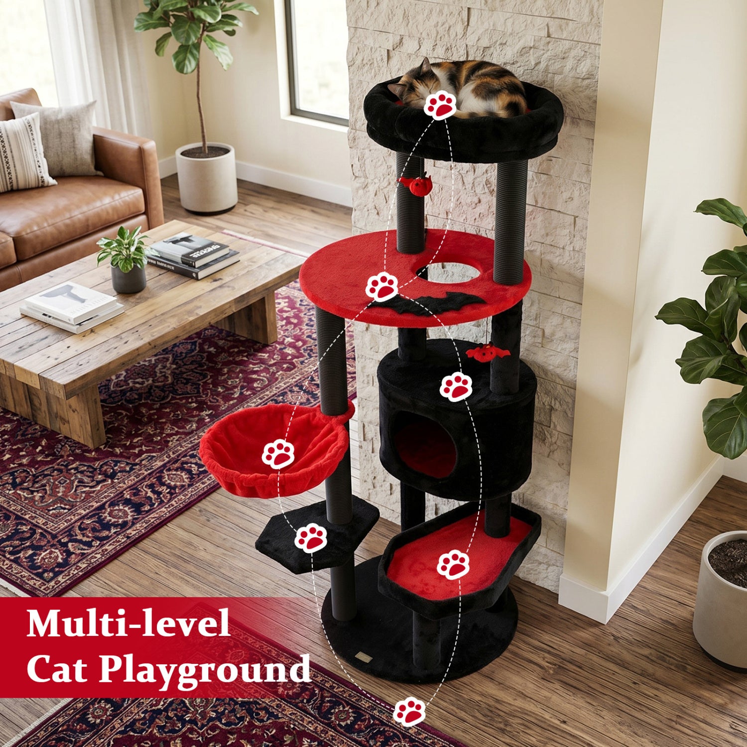 60" Gothic Cat Tower with Plush Perch and Spider Hanging Toys for Black - view 7