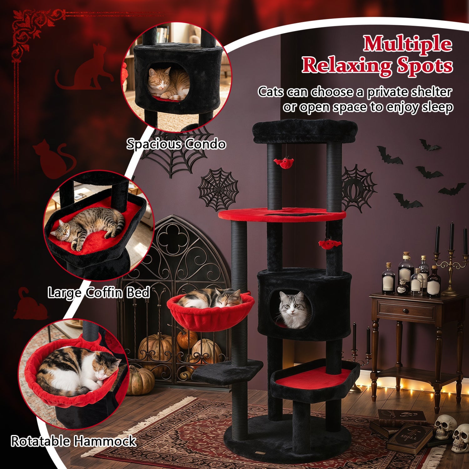60" Gothic Cat Tower with Plush Perch and Spider Hanging Toys for Black - view 8
