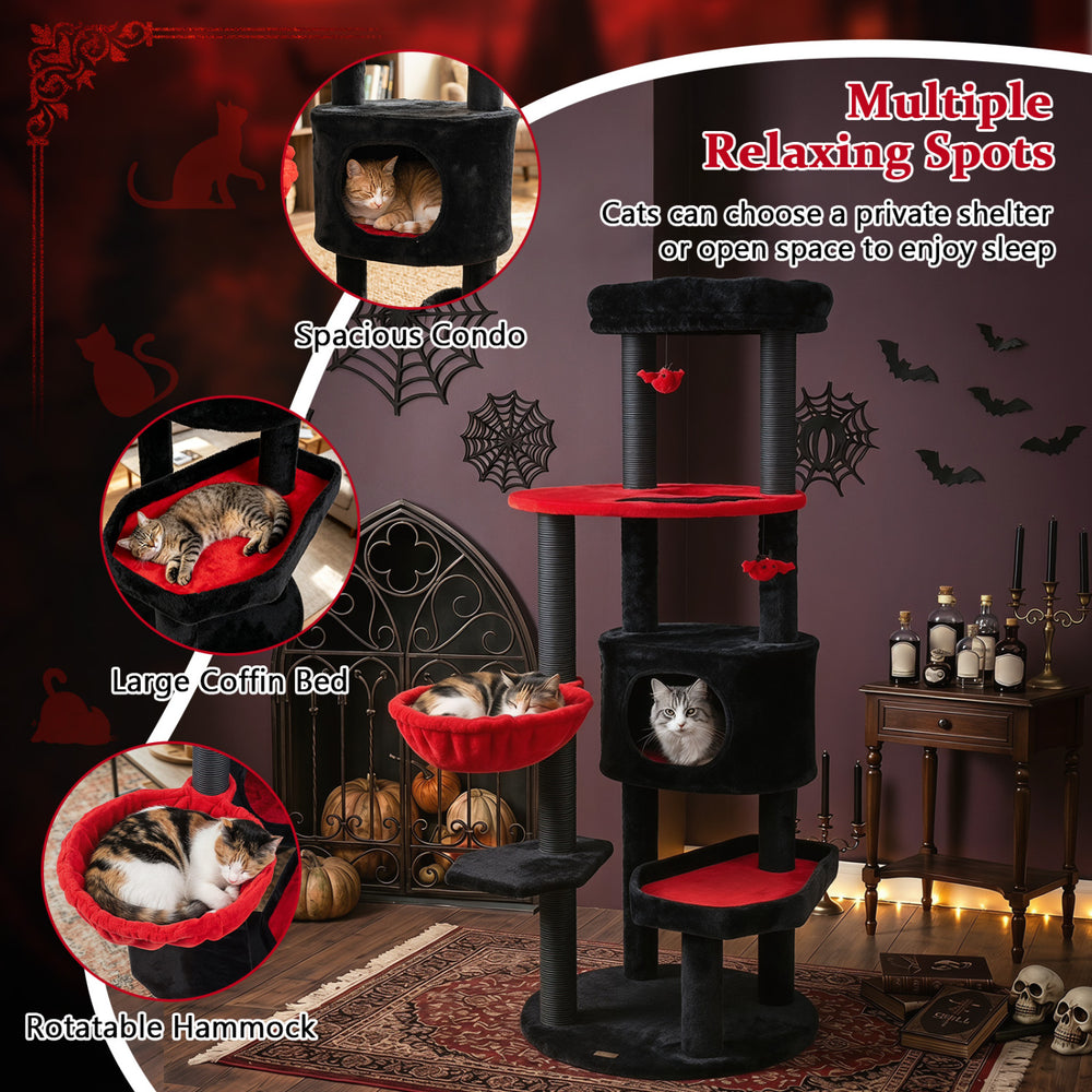 60" Gothic Cat Tower with Plush Perch and Spider Hanging Toys for Black - view 8
