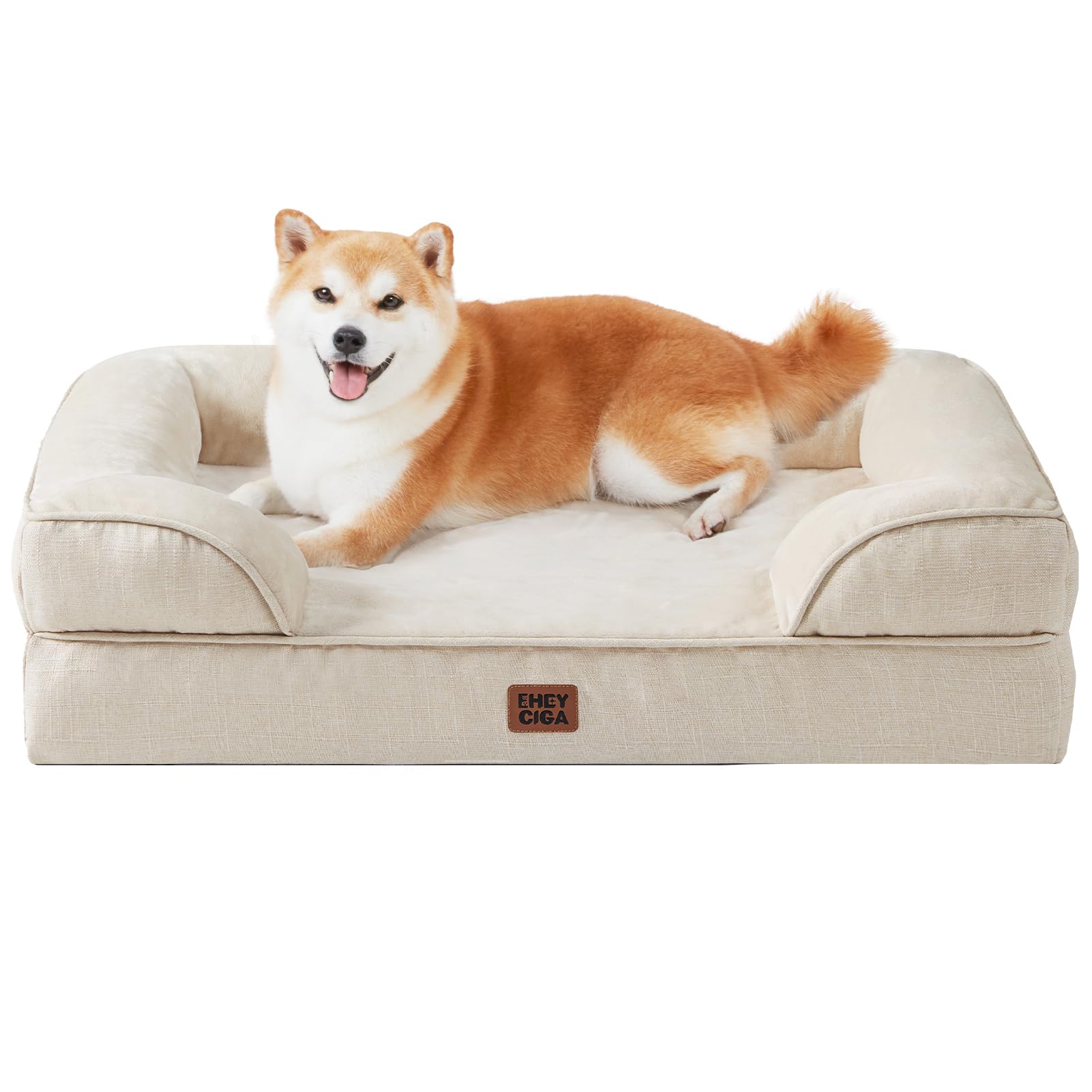 EHEYCIGA Memory Foam XL Orthopedic Dog Bed | Bolster Sides, Waterproof - Beige / 91L x 68W x 16H cm
